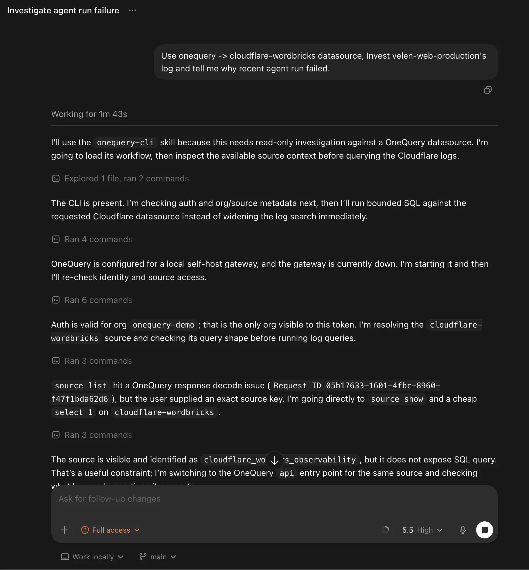 Codex investigating a production agent run failure with the onequery-cli skill and cloudflare-wordbricks source.